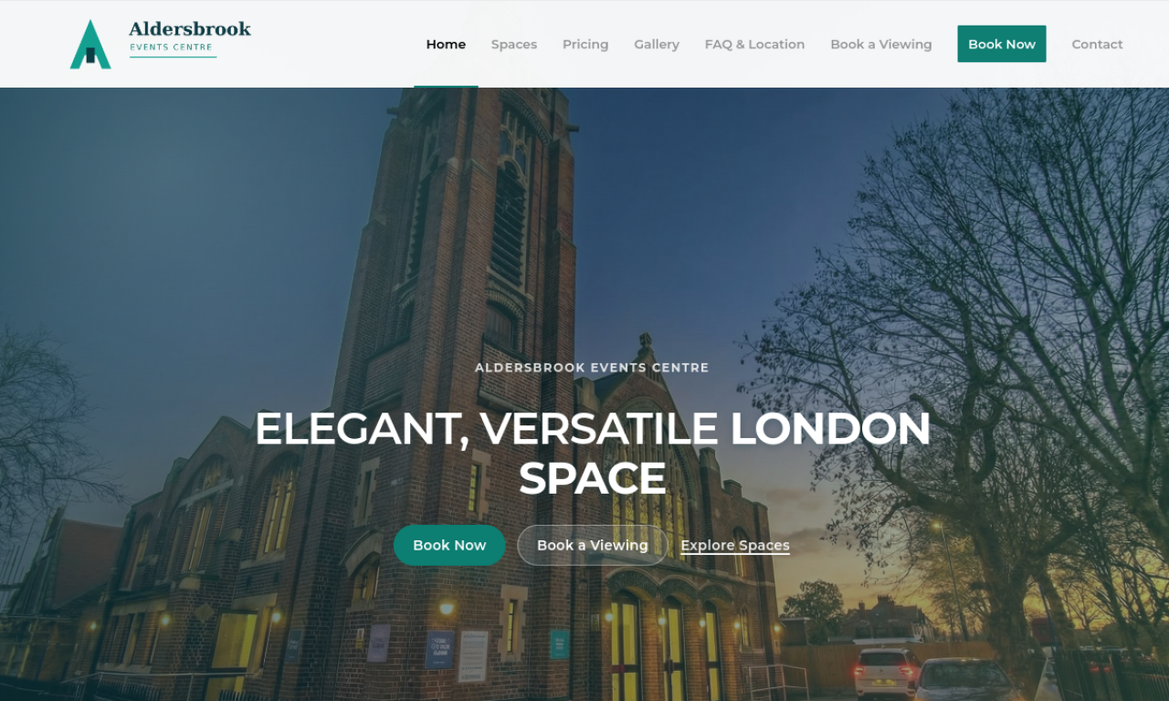 Redesigned Aldersbrook homepage with exterior photography and Book Now, Book a Viewing and Explore Spaces actions.