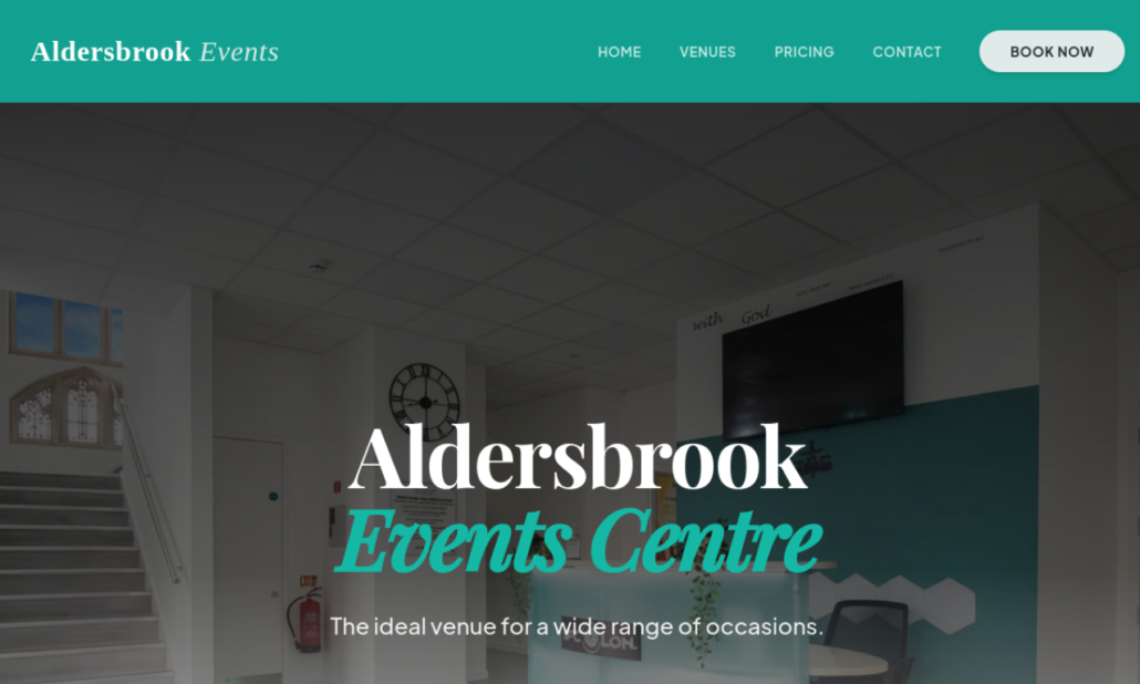 Earlier homepage: venue-name-led hero, interior photograph and a general venue description.