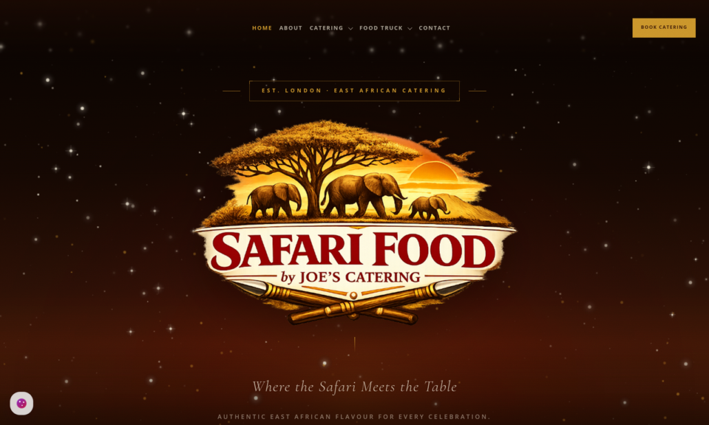 Redesigned homepage: prominent Safari Food identity, East African catering positioning and a Book Catering action.