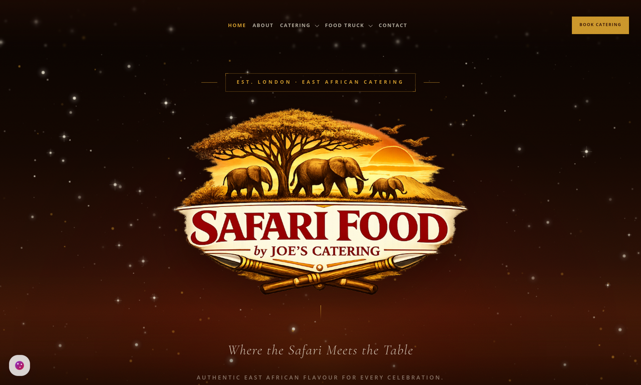 Redesigned Safari Food homepage with a dark-and-gold identity and prominent Book Catering action.