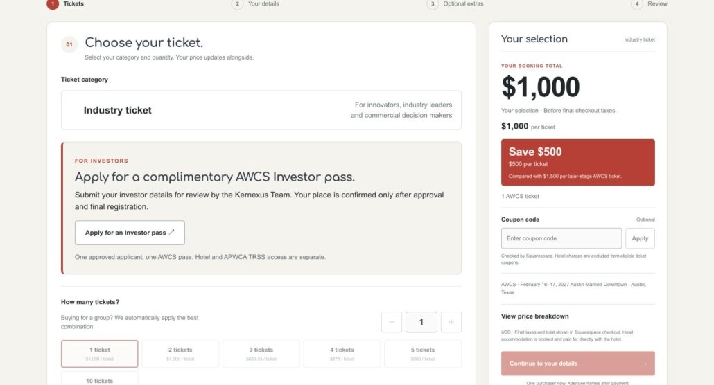 AWCS ticket-selection layout with a separate investor application and cost summary, captured 19 October 2026.
