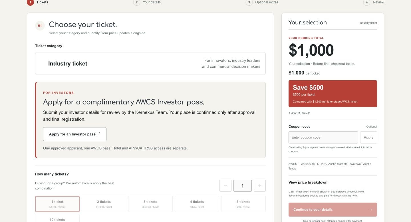 AWCS staged ticket selection with a separate investor application and booking cost summary.