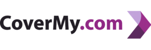 CoverMy.com logo with dark lettering and purple ribbon arrow on a transparent background.